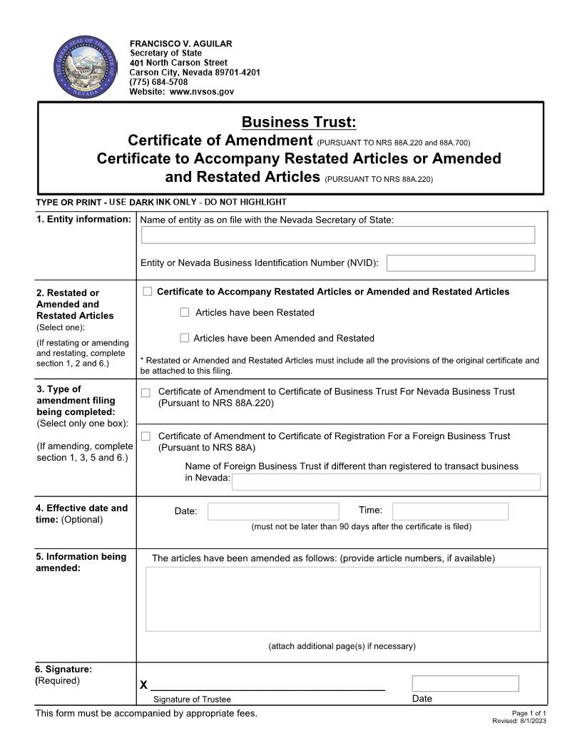 Business Trust Certificate Of Amendment | Pdf Fpdf Docx | Nevada
