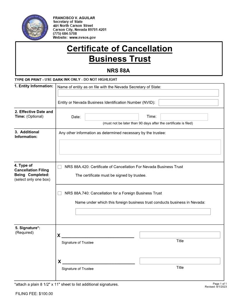 Certificate Of Cancellation Business Trust | Pdf Fpdf Docx | Nevada