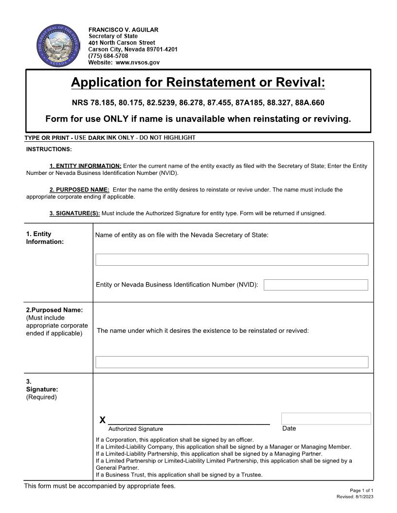 Application For Reinstatement Or Revival | Pdf Fpdf Docx | Nevada
