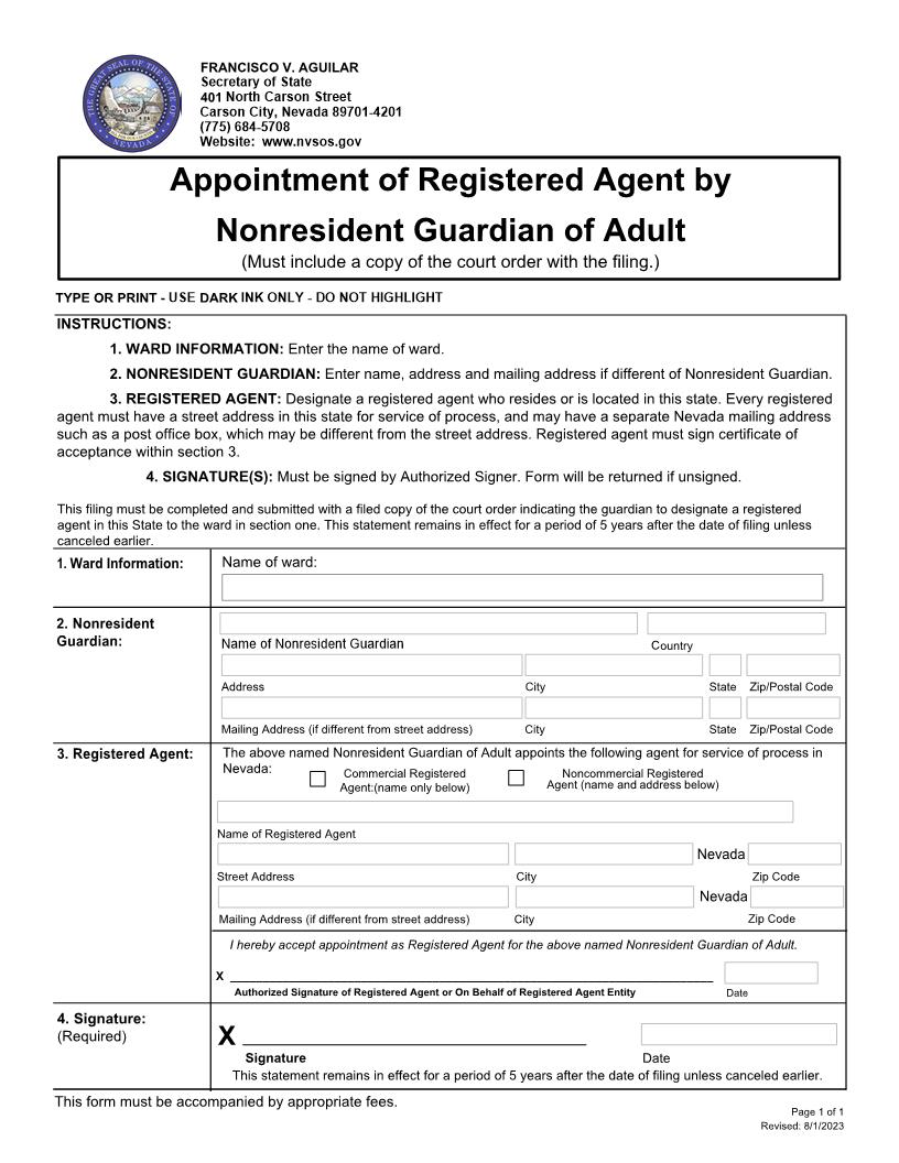 Appointment Of Registered Agent By Nonresident Guardian Of Adult | Pdf Fpdf Docx | Nevada