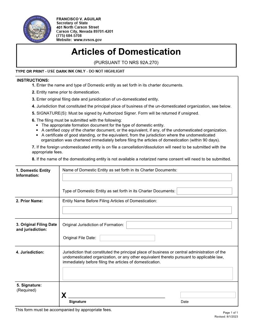 Articles Of Domestication Pursuant To NRS 92A.270 | Pdf Fpdf Docx | Nevada