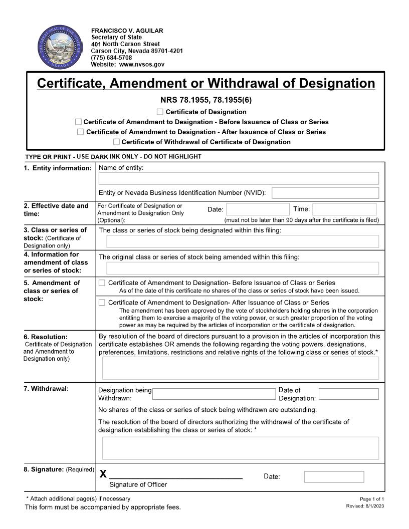 Certificate  Amendment Or Withdrawal Of Designation | Pdf Fpdf Docx | Nevada