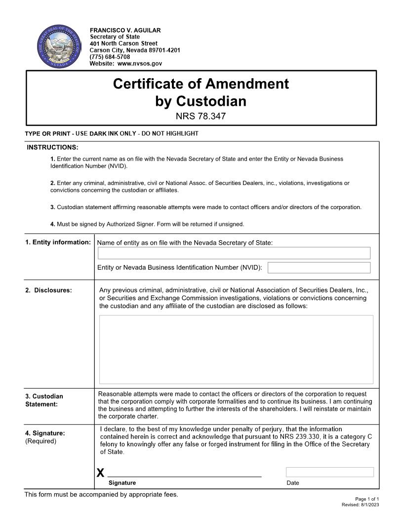 Certificate Of Amendment By Custodian | Pdf Fpdf Docx | Nevada