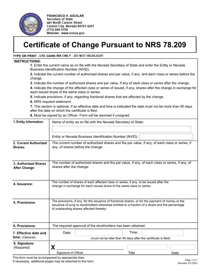 Certificate Of Change Pursuant To NRS 78.209 | Pdf Fpdf Doc Docx | Nevada