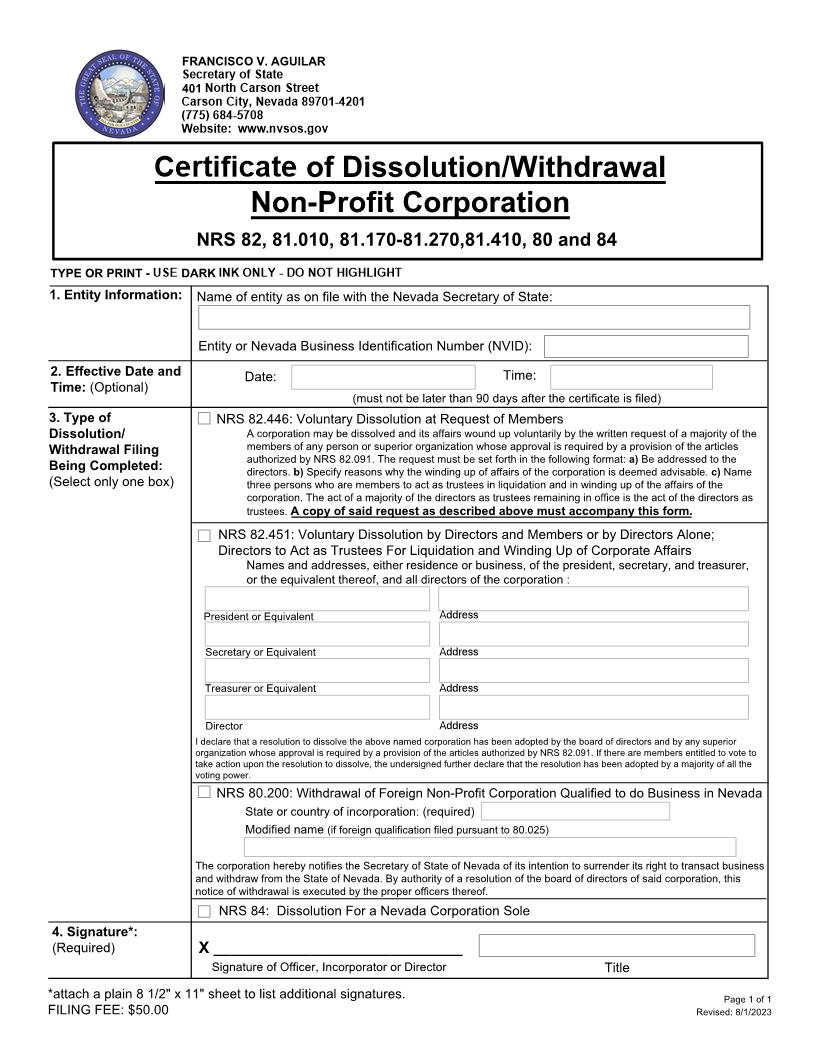 Certificate Of Dissolution Withdrawal Non Profit Corporation | Pdf Fpdf Docx | Nevada