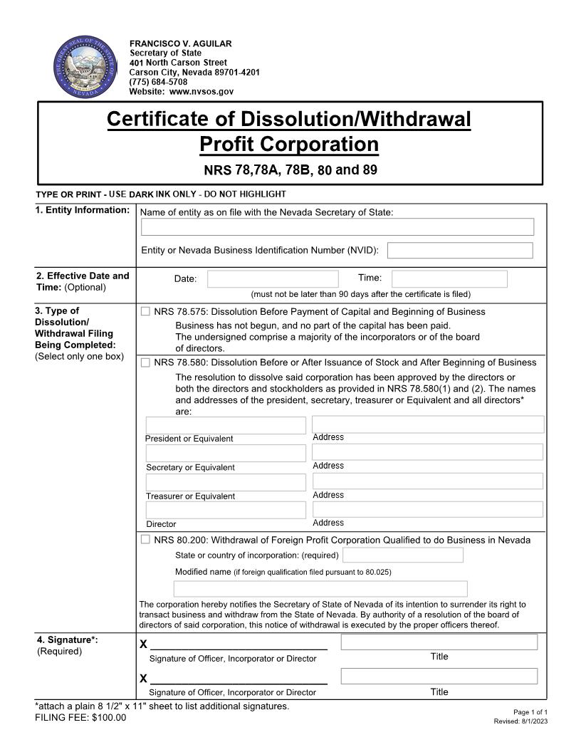 Certificate Of Dissolution Withdrawal Profit Corporation | Pdf Fpdf Docx | Nevada
