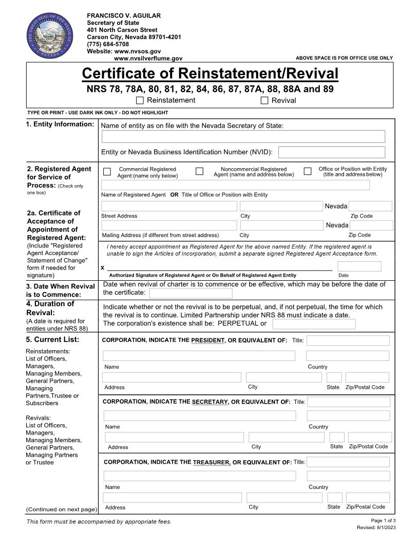 Certificate Of Reinstatement Or Revival | Pdf Fpdf Docx | Nevada