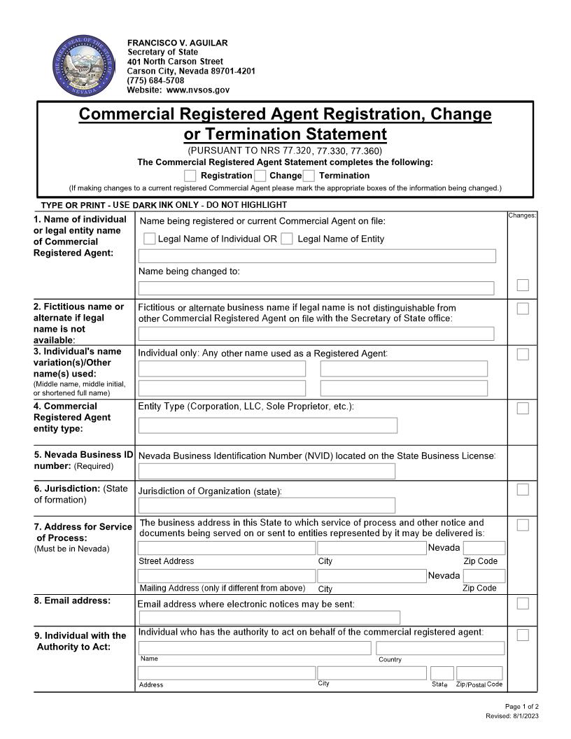 Commercial Registered Agent Registration Change Or Termination Statement | Pdf Fpdf Docx | Nevada