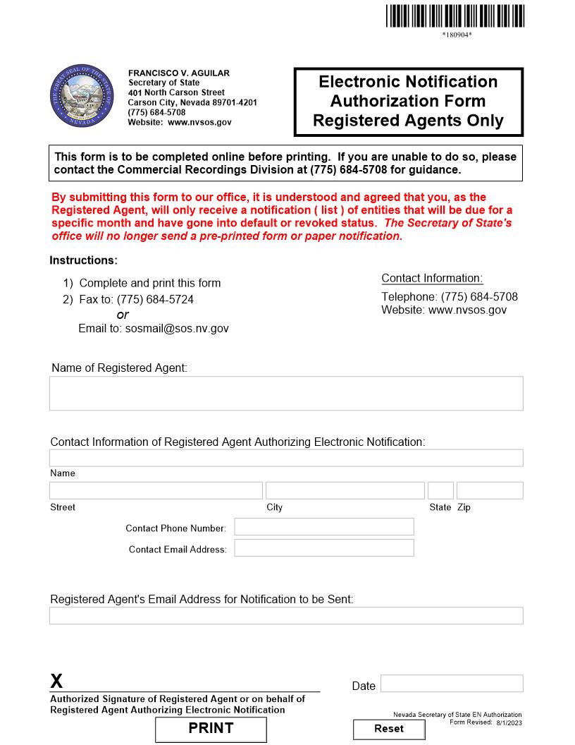 Electronic Notification Authorization Registered Agents Only | Pdf Fpdf Docx | Nevada