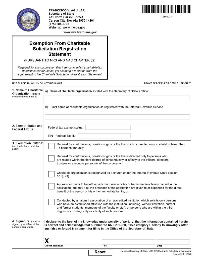 Exemption From Charitable Solicitation Registration Statement | Pdf Fpdf Docx | Nevada