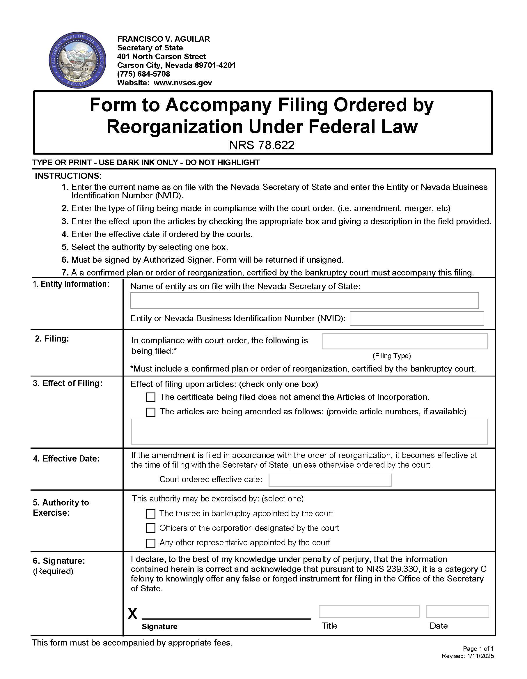 Form To Accompany Filing Ordered By Reorganization Under Federal Law | Pdf Fpdf Doc Docx | Nevada