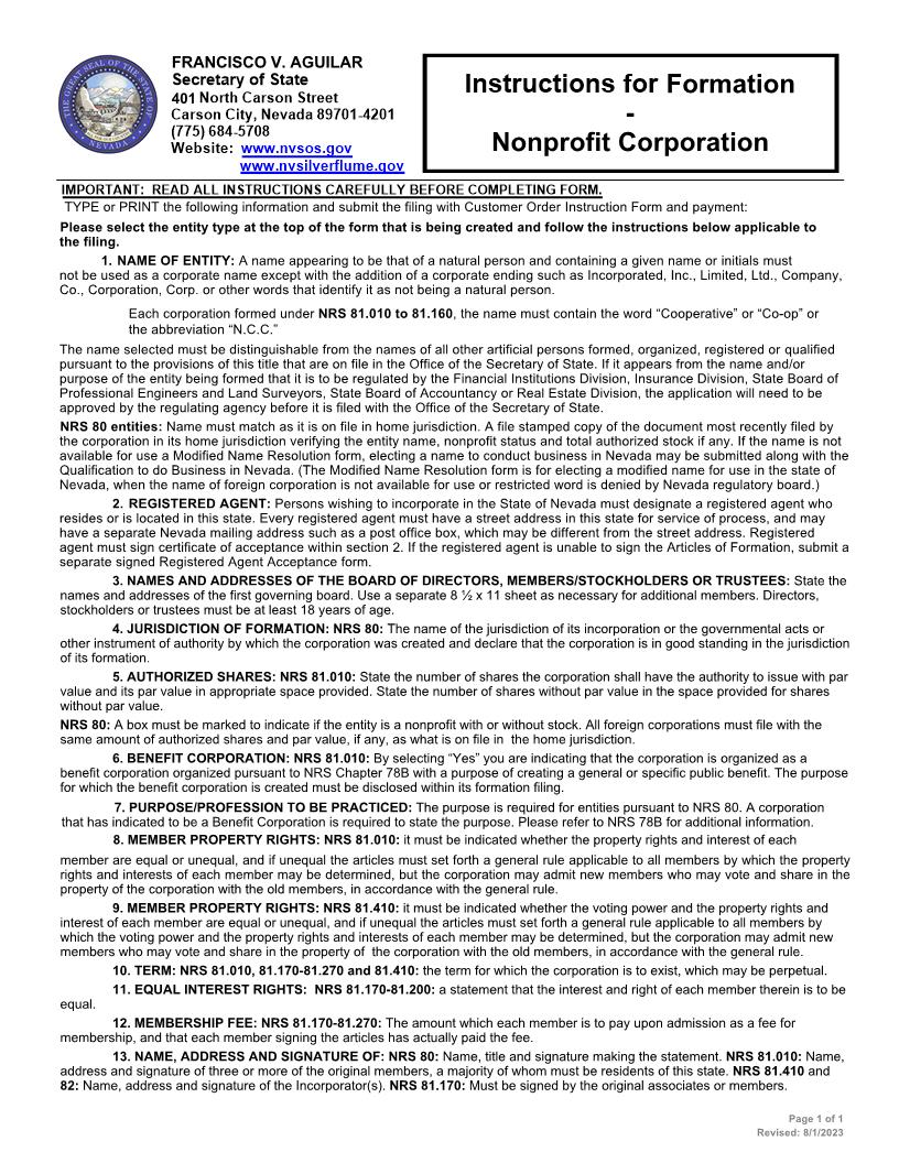 Formation  Nonprofit Corporation | Pdf Fpdf Docx | Nevada