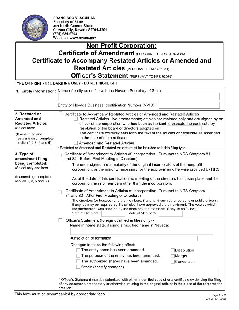 Non Profit Corporation Certificate Of Amendment | Pdf Fpdf Docx | Nevada