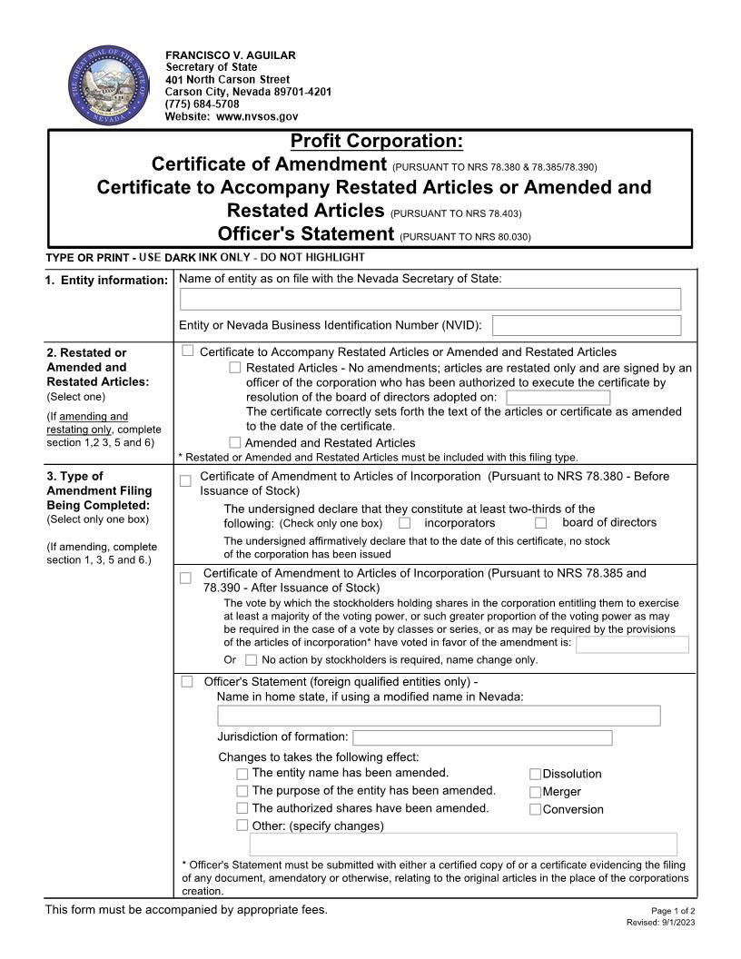 Profit Corporation Certificate Of Amendment | Pdf Fpdf Docx | Nevada