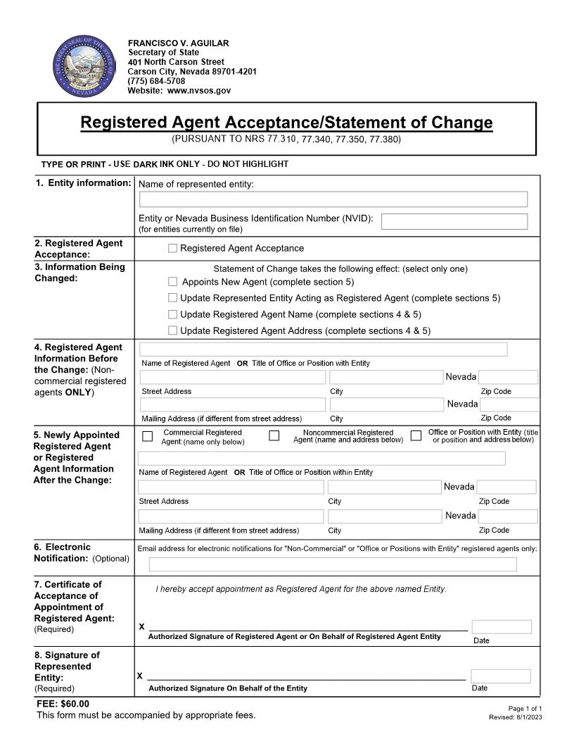Registered Agent Acceptance Statement Of Change | Pdf Fpdf Docx | Nevada