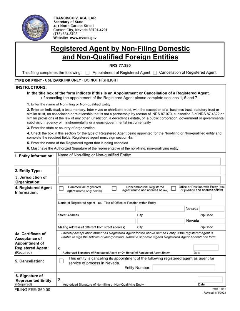 Registered Agent By Non Filing Domestic And Non Qualified Foreign Entities | Pdf Fpdf Docx | Nevada