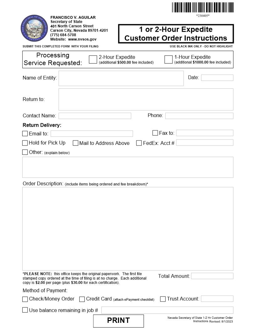 1 or 2-Hour Expedite Customer Order Instructions | Pdf Fpdf Doc Docx | Nevada