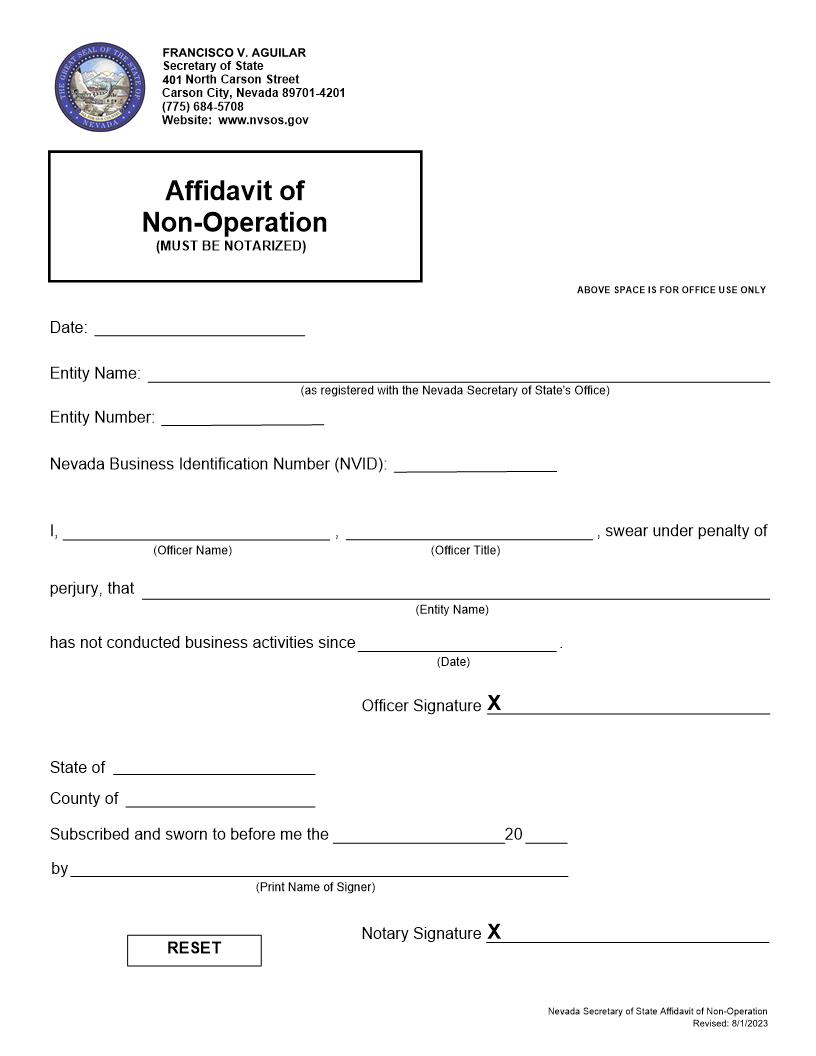 Affidavit Of Non Operation | Pdf Fpdf Docx | Nevada