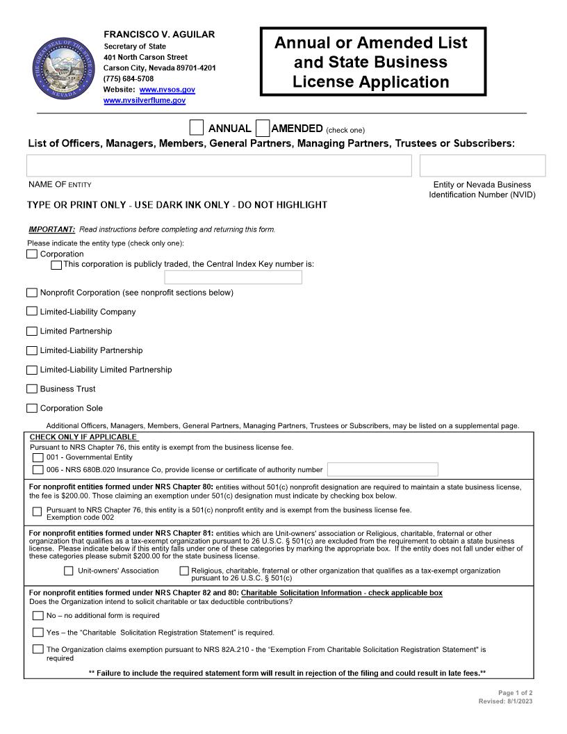 Annual Or Amended List And State Business License Application | Pdf Fpdf Docx | Nevada
