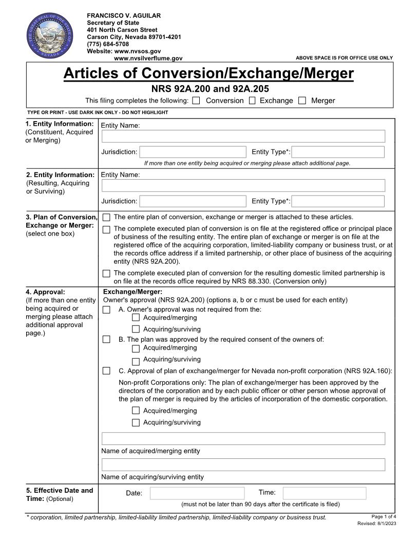 Articles Of Conversion Exchange Merger | Pdf Fpdf Docx | Nevada