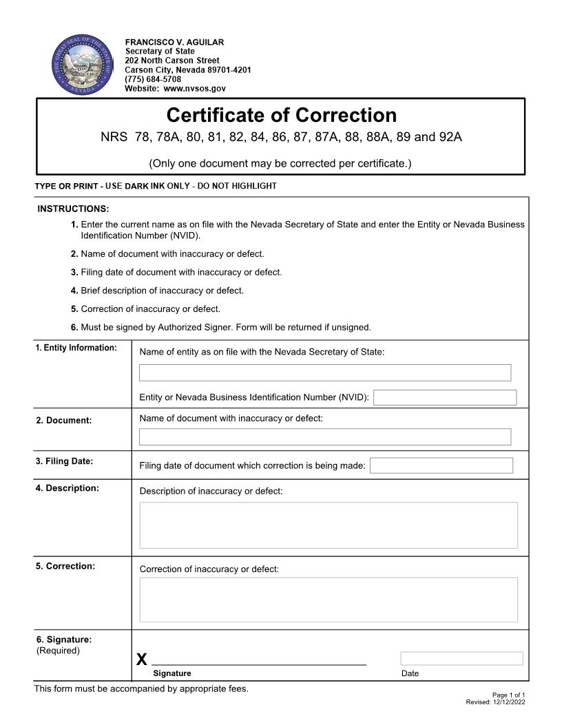 Certificate Of Correction | Pdf Fpdf Doc Docx | Nevada