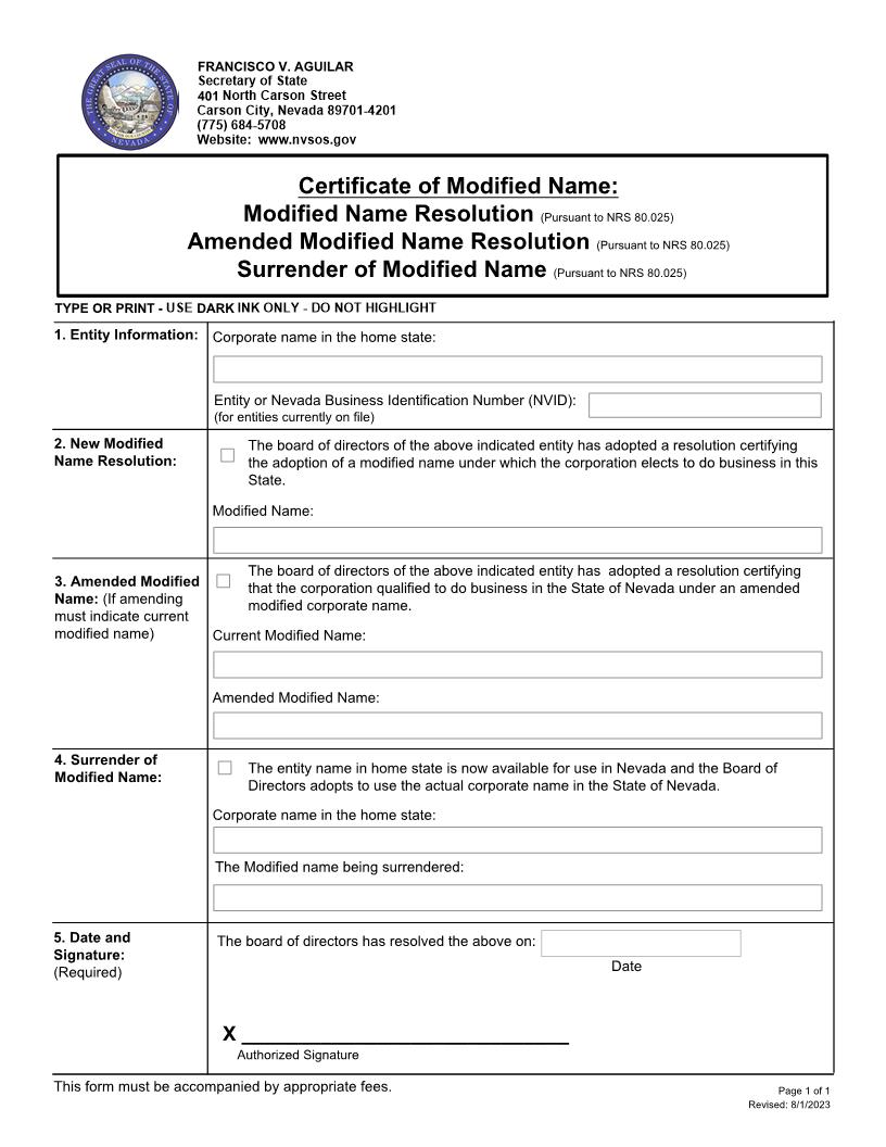 Certificate Of Modified Name | Pdf Fpdf Docx | Nevada