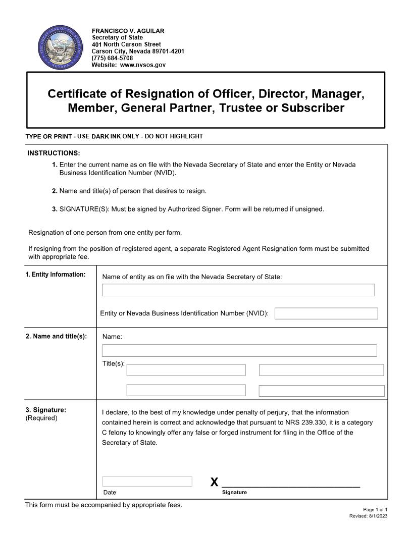 Certification Of Resignation | Pdf Fpdf Docx | Nevada