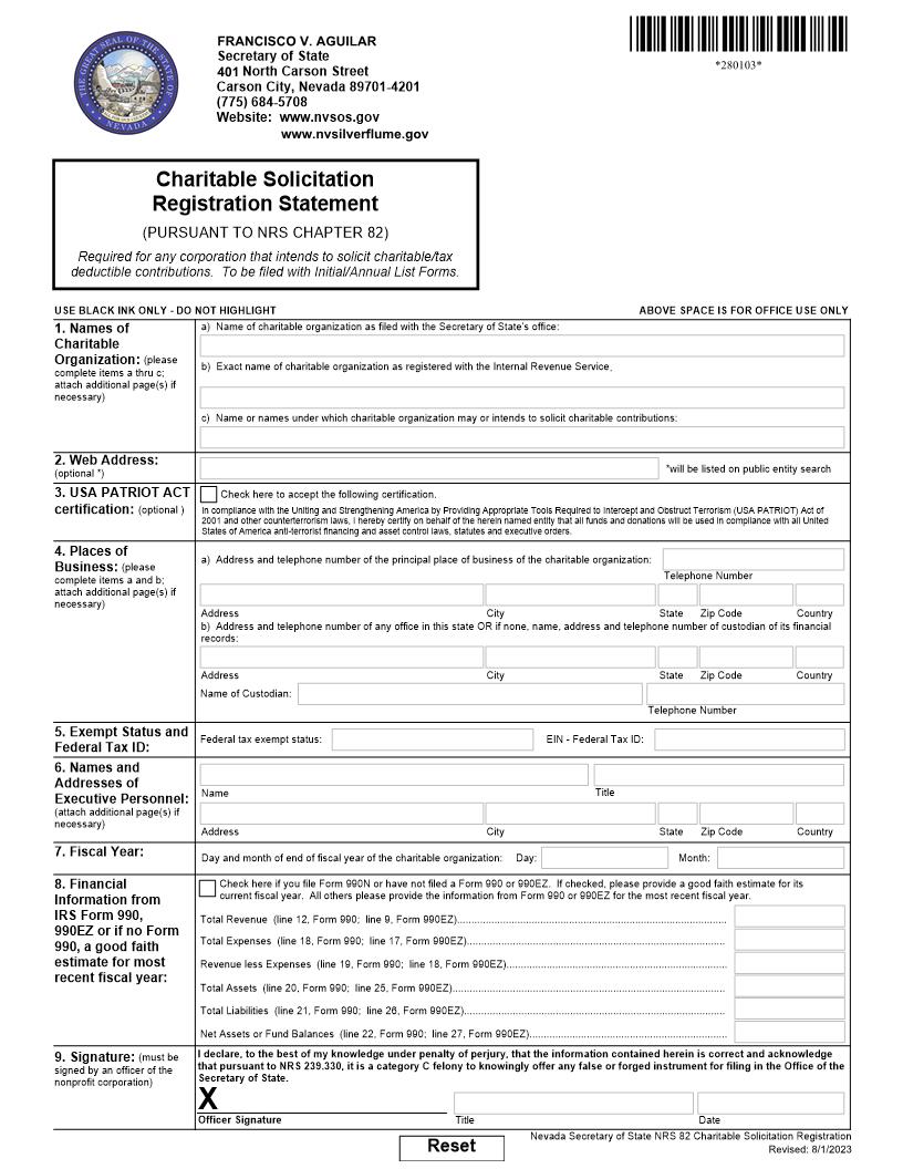 Charitable Solicitation  Registration Statement | Pdf Fpdf Docx | Nevada