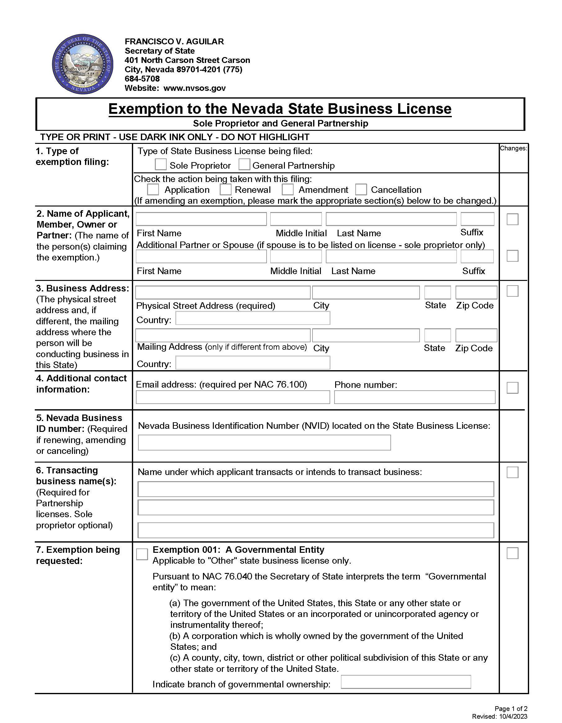 Exemption To The Nevada State Business License | Pdf Fpdf Docx | Nevada