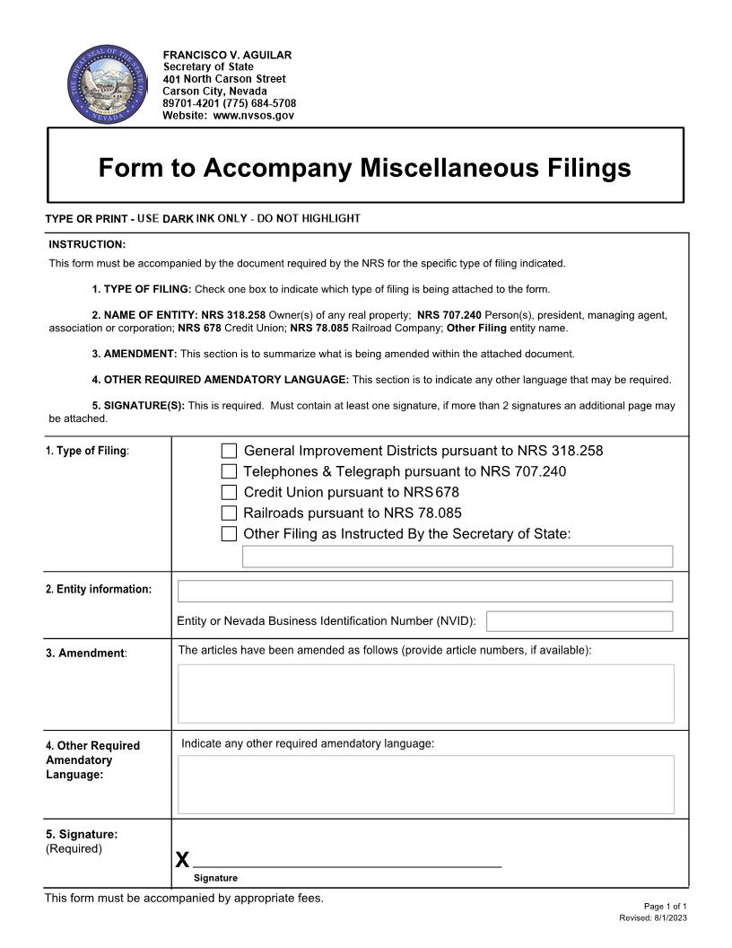 Form To Accompany Miscellaneous Filings | Pdf Fpdf Doc Docx | Nevada