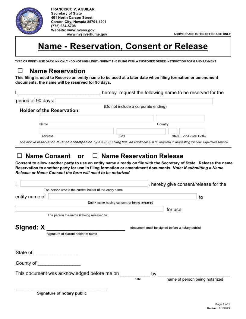 Name Reservation Consent Or Release | Pdf Fpdf Docx | Nevada