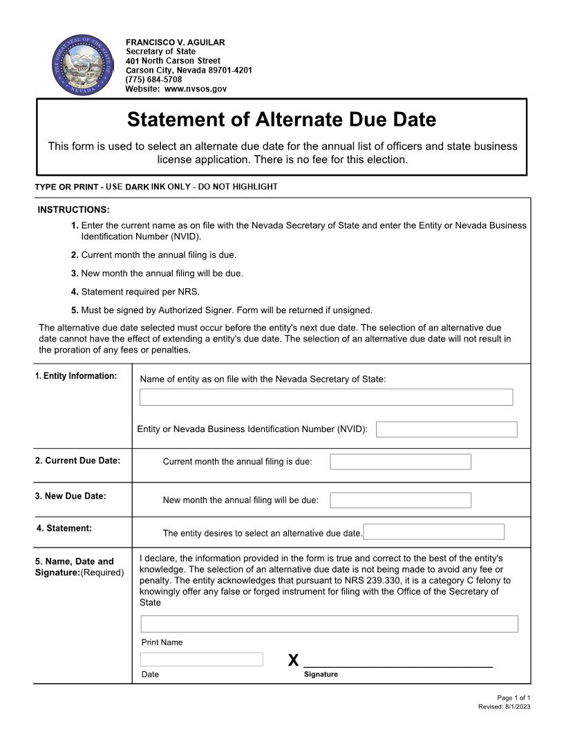 Statement Of Alternate Due Date | Pdf Fpdf Docx | Nevada