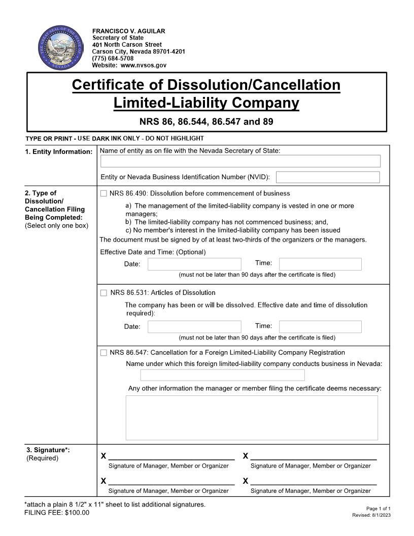 Certificate Of Dissolution Cancellation Limited Liability Company | Pdf Fpdf Docx | Nevada