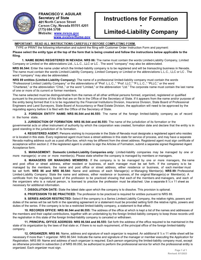 Formation Limited Liability Company | Pdf Fpdf Docx | Nevada