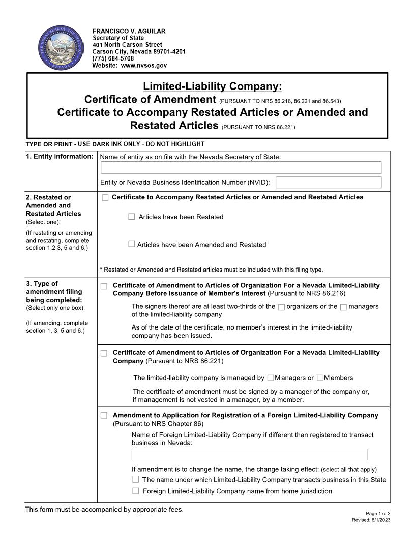 Limited Liability Company Certificate Of Amendment | Pdf Fpdf Docx | Nevada