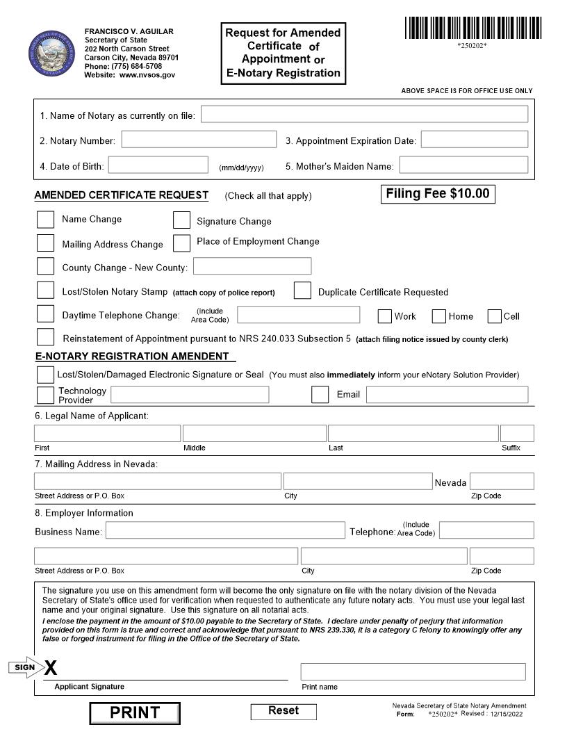 Request For Amended Certificate Of Appointment As A Notary Public | Pdf Fpdf Doc Docx | Nevada