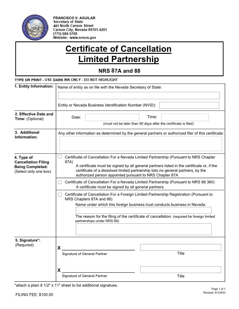 Certificate Of Cancellation Limited Partnership | Pdf Fpdf Docx | Nevada