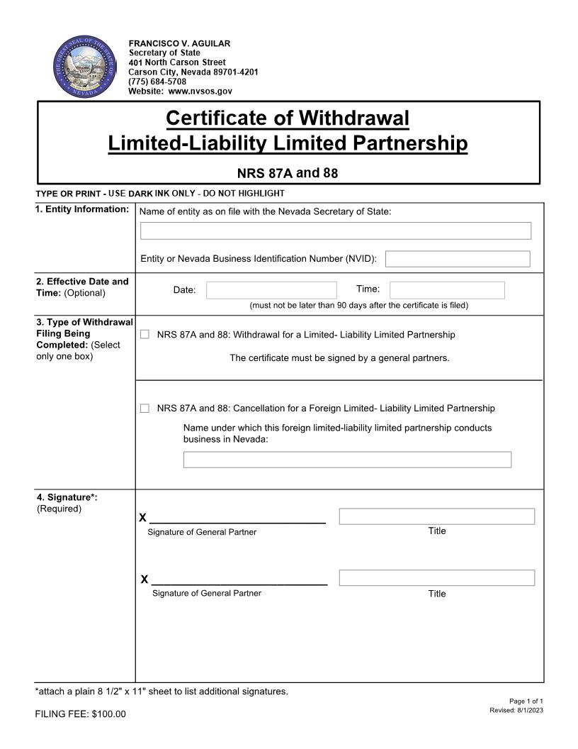 Certificate Of Withdrawal Limited Liability Limited  Partnership | Pdf Fpdf Docx | Nevada