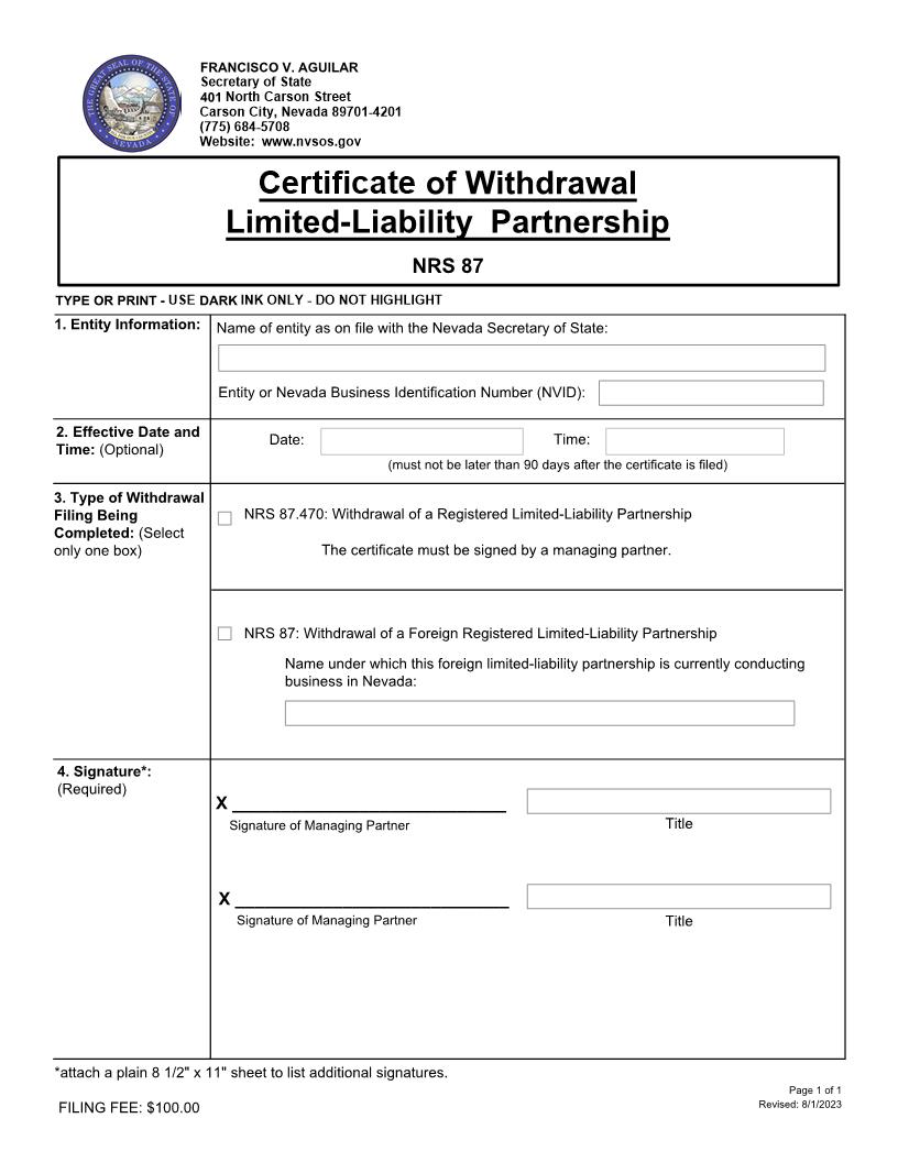 Certificate Of Withdrawal Limited Liability Partnership | Pdf Fpdf Docx | Nevada