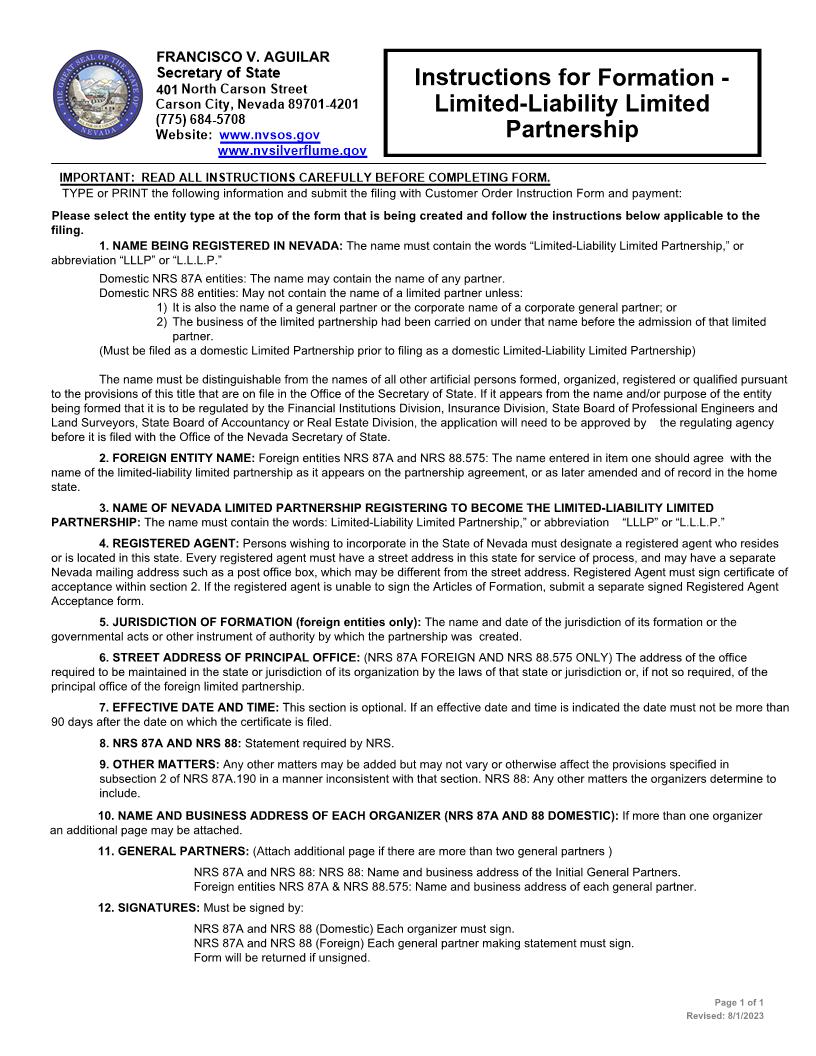 Formation Limited Liability Limited Partnership | Pdf Fpdf Docx | Nevada