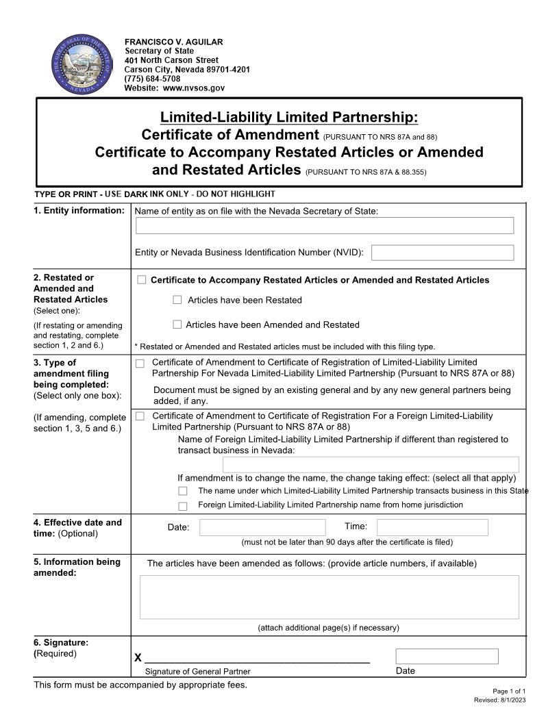 Limited Liability Limited Partnership Certificate Of Amendment | Pdf Fpdf Docx | Nevada