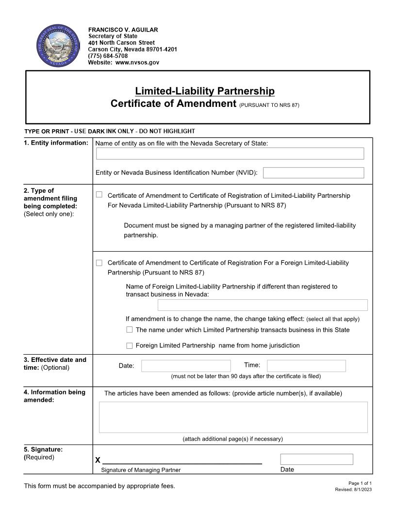 Limited Liability Partnership Certificate Of Amendment | Pdf Fpdf Docx | Nevada