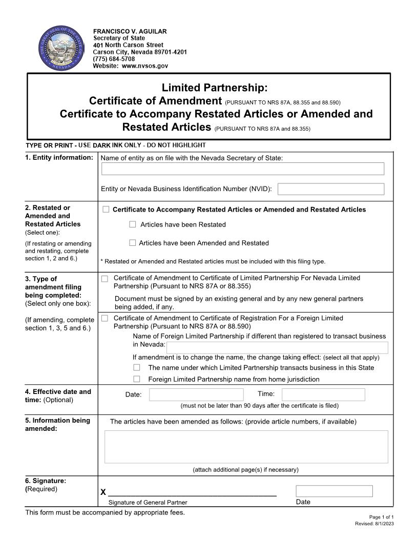 Limited Partnership  Certificate Of Amendment | Pdf Fpdf Docx | Nevada