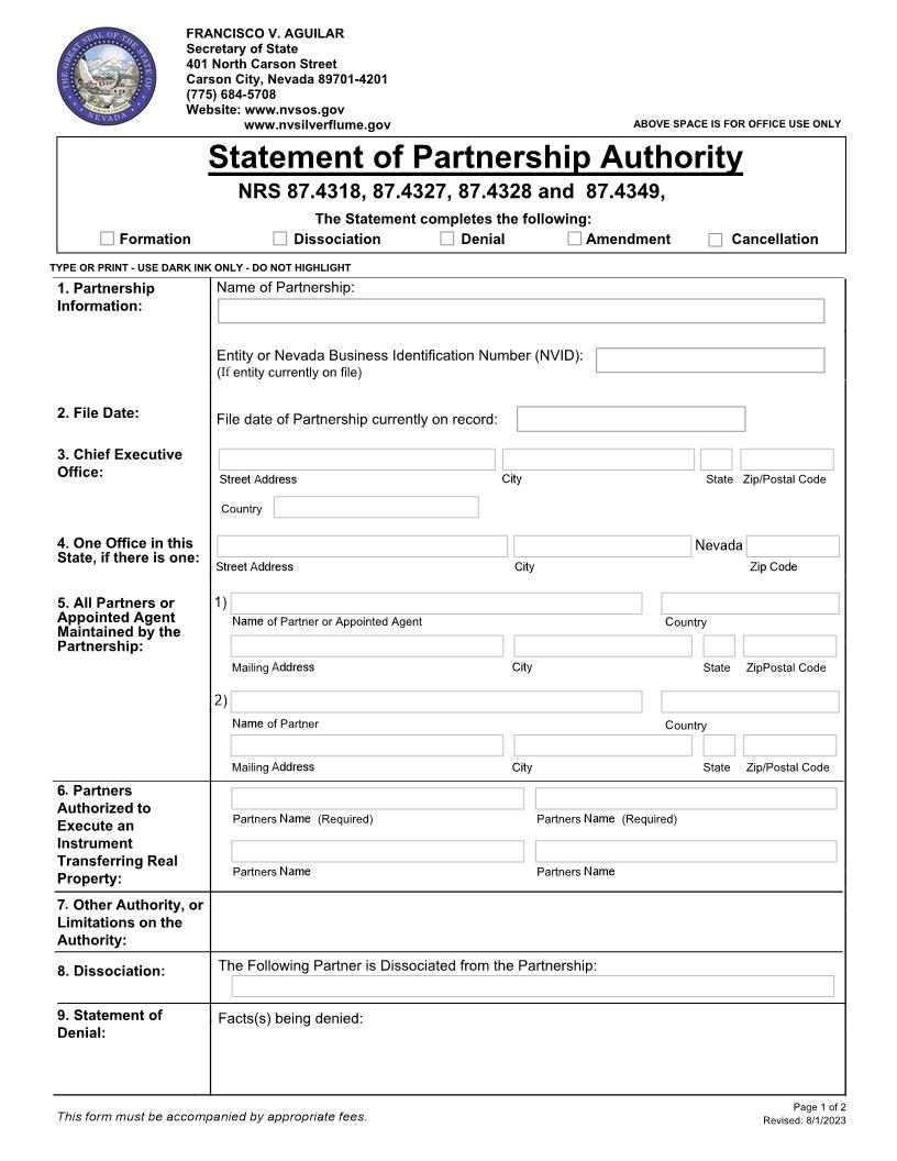 Statement Of Partnership Authority | Pdf Fpdf Doc Docx | Nevada