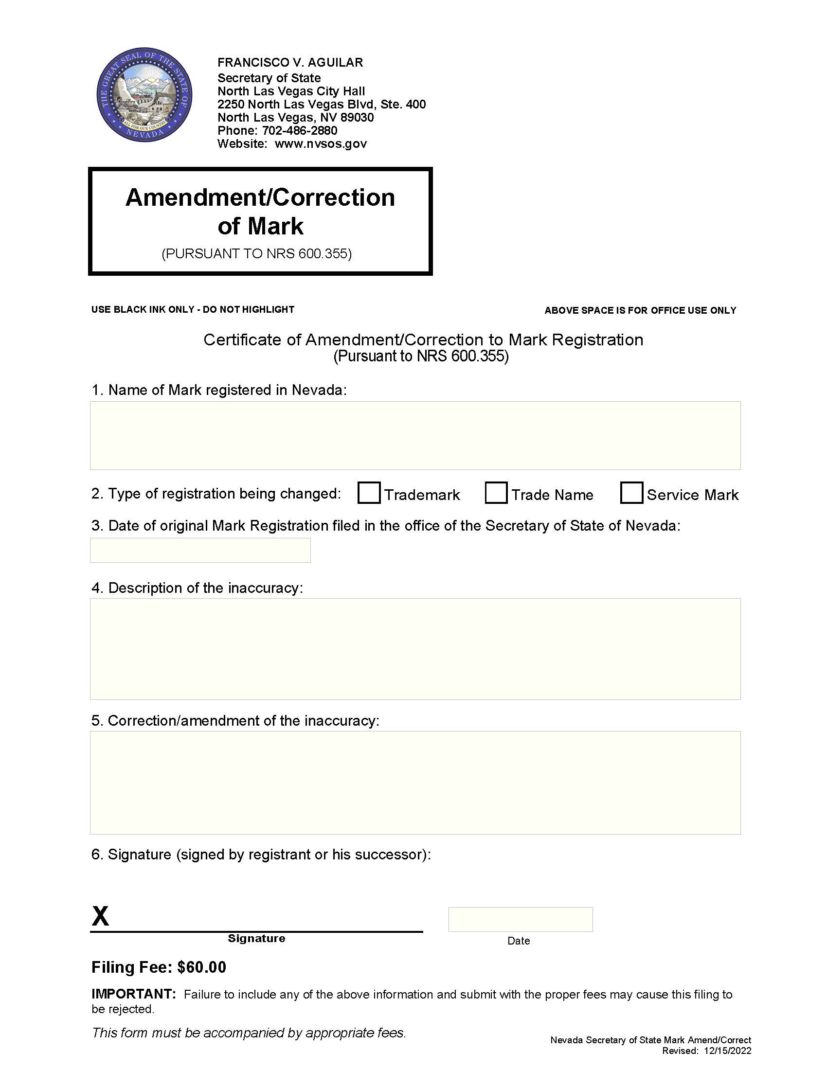 Amendment Or Correction Of Mark | Pdf Fpdf Docx | Nevada