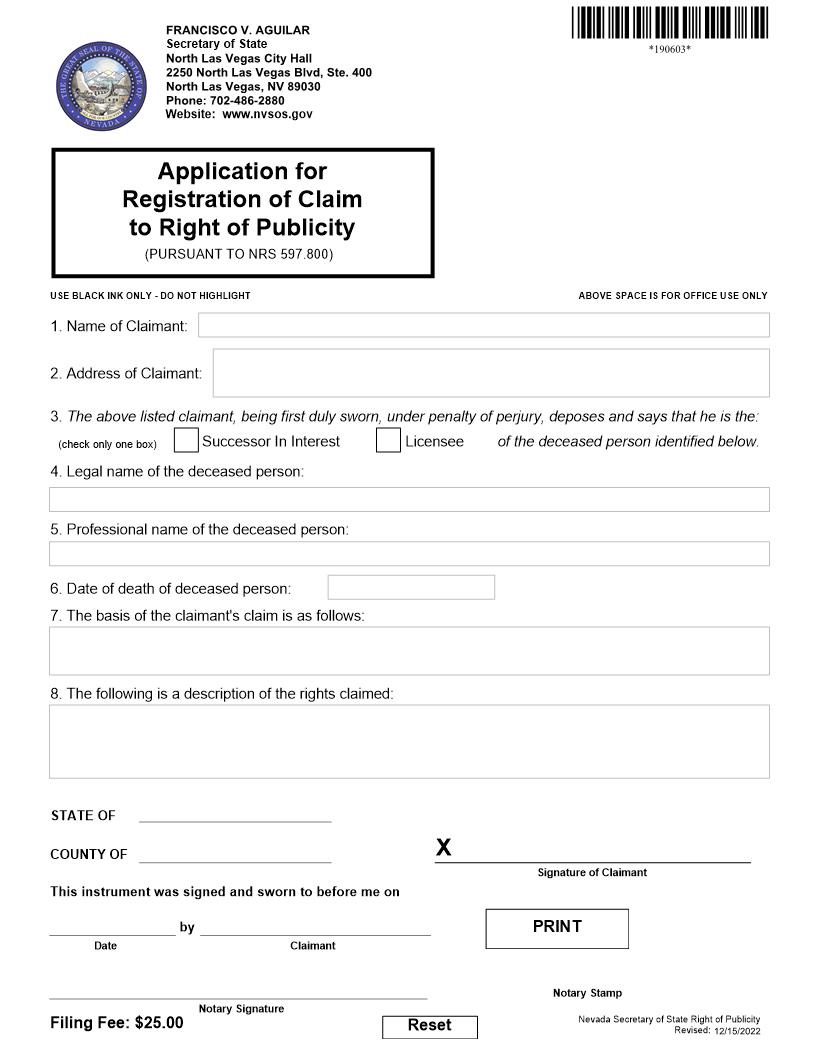 Application Registration Of Claim To Right Of Publicity | Pdf Fpdf Docx | Nevada