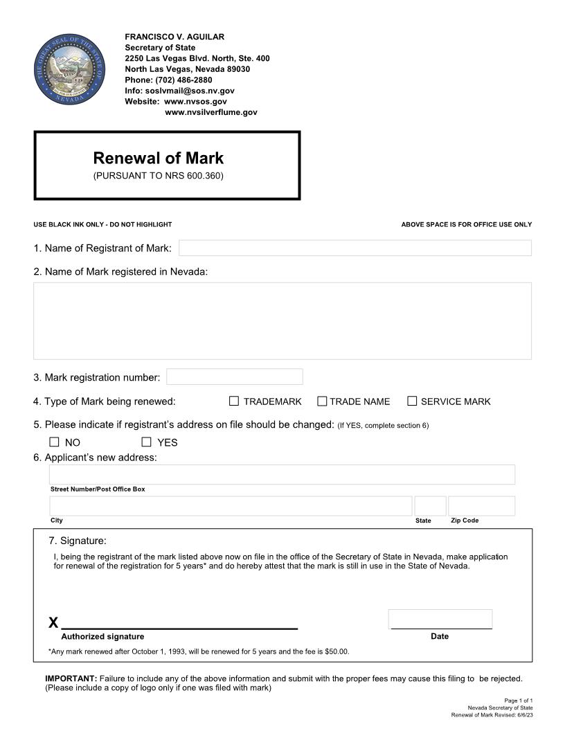 Renewal Of Mark | Pdf Fpdf Docx | Nevada