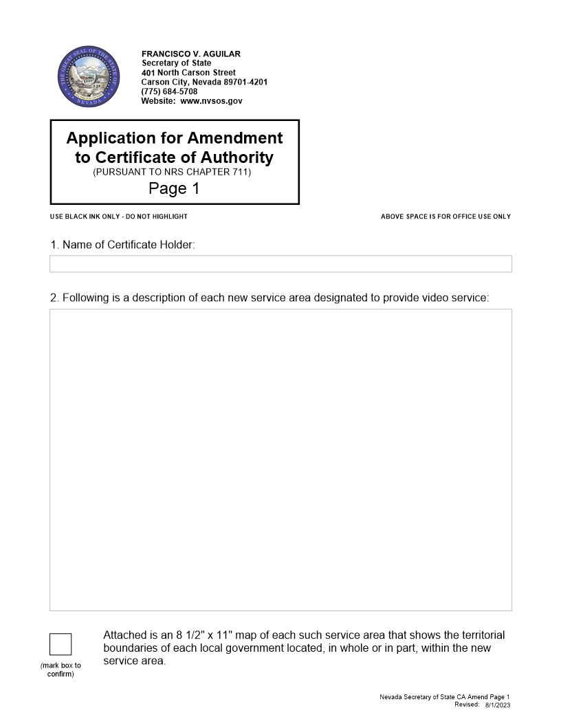 Application For Amendment To Certificate Of Authority | Pdf Fpdf Doc Docx | Nevada