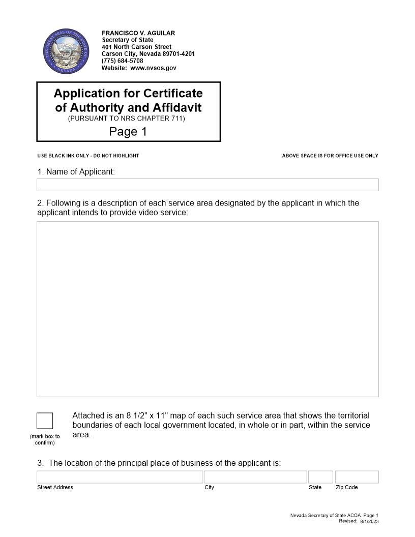 Application For Certificate Of Authority And Affidavit | Pdf Fpdf Doc Docx | Nevada