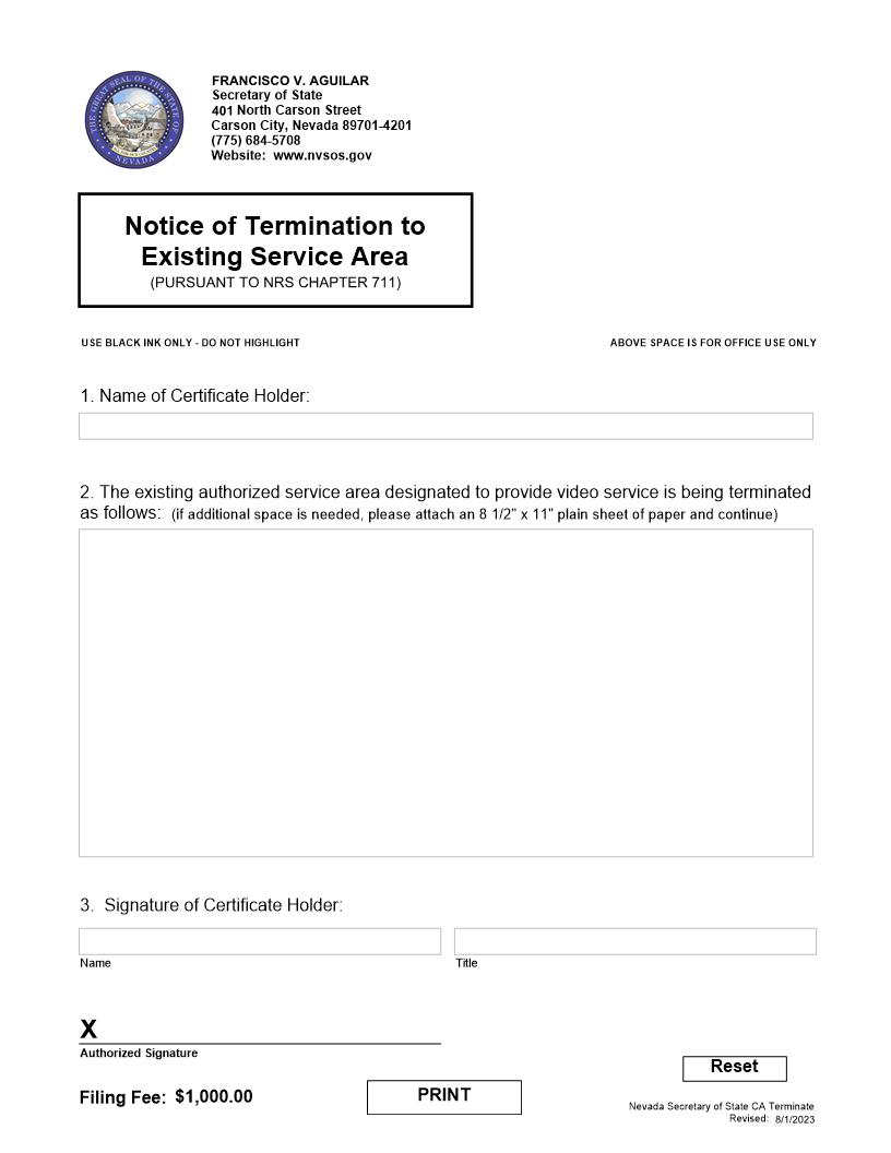 Notice Of Termination To Existing Service Area | Pdf Fpdf Doc Docx | Nevada